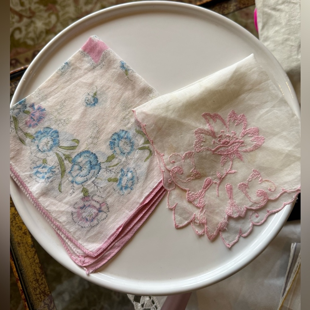 Vintage Two (2) Floral and Embroidered Cotton Handkerchief Set
